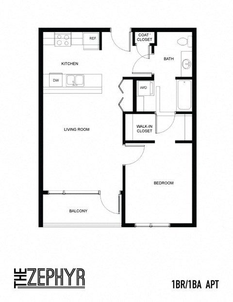 Floor plan for 1 bed, 1 bath